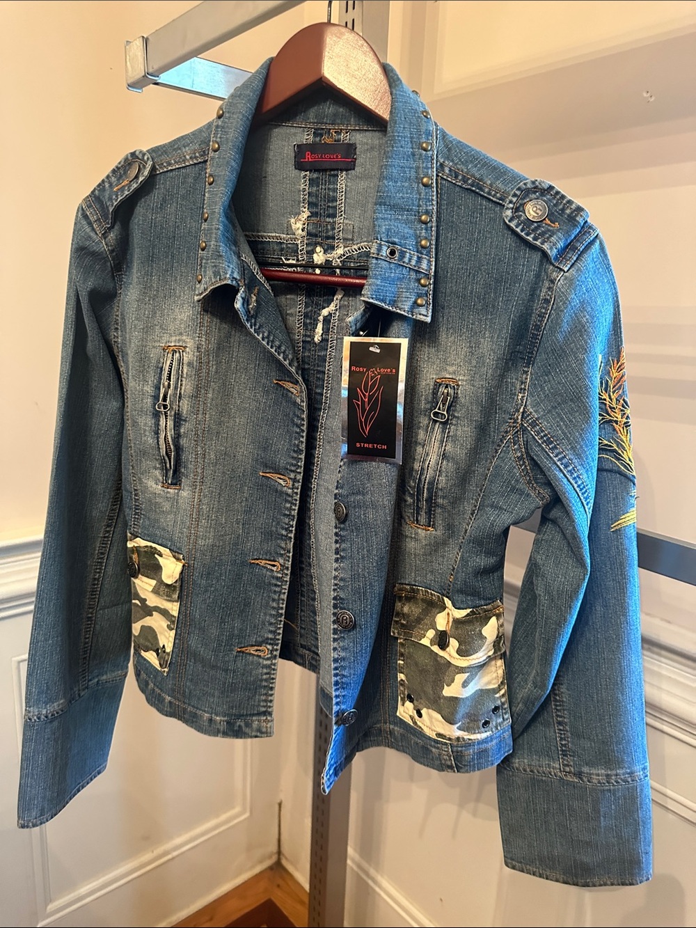 Rosey Loves  Blue Denim Jacket with Camouflage Patch Pockets